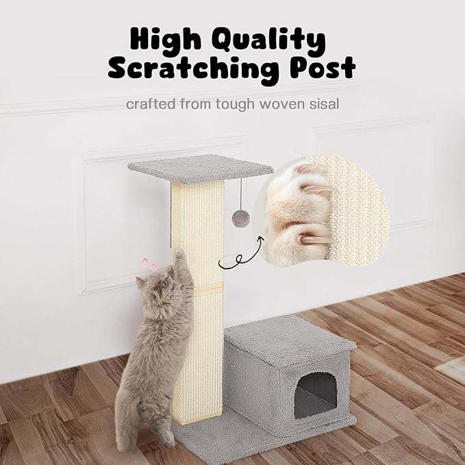 Small Cat Tree, 31 Inches Tall Cat Scratching Post with Perch & Condo, Natural Woven Sisal Cat Post Sctacher, Kitten Scratching Posts for Indoor Cats, Cat Scratch Tower with Fluffy Ball, Gray