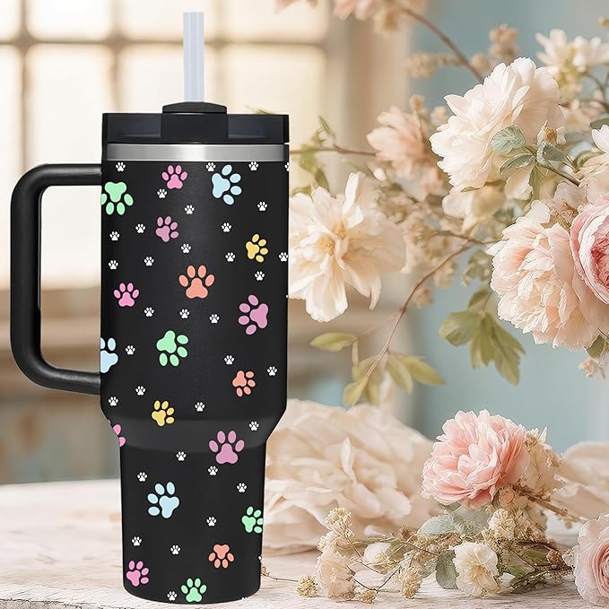 AMZUShome 40 OZ Paw Tumbler with Handle.Dog Cat Lover Paw Gifts.Unique Birthday Christmas Gifts for Dog Cat Paw Lover.Personalized 40 OZ Paw Tumbler Gifts for Women Men.
