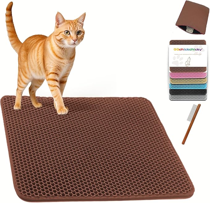 2025 𝗡𝗘𝗪 Waterproof Cat Litter Mat | Double Layer EVA, Odor-Free Large Grid | Urine Proof & Easy Cleanup | Soft on Paws | Versatile Design for Litter and Feeding (Brown, 27×47)