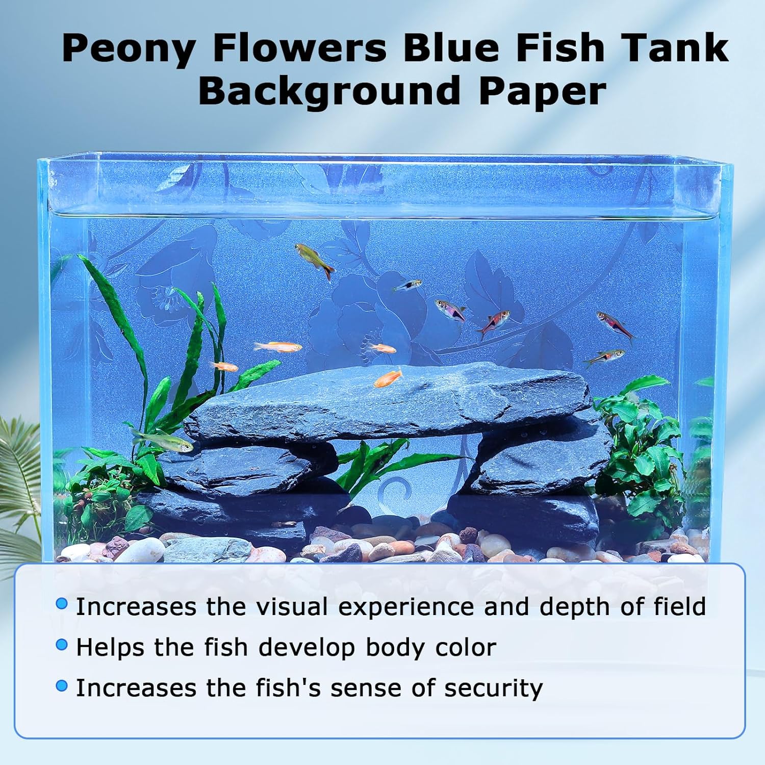 Aquarium Background Paper, Blue Fish Tank Backdrop Wallpaper Electrostatic Adhesive, No Glue, Easy to Install, Reusable (11.8" H × 27.5" L, Translucent)