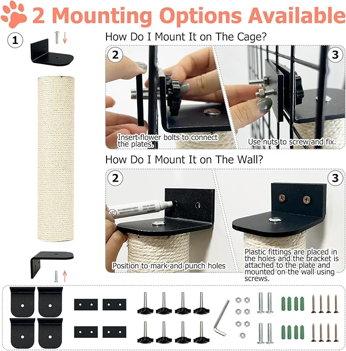 Cat Scratching Post Wall Mounted 2-in-1 Cage Mount Cat Scratcher 2 Pack Natural Sisal Kitty Scratch Posts for Indoor Kittens to Scratch and Climbing 15.7 x 2.7 inches (White)