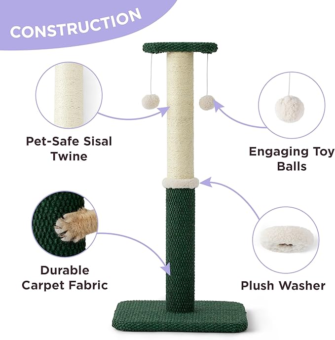 Lesure Cat Scratching Post for Indoor Cats - Highly Resistant Carpet Scratch Posts, Premium Sisal Rope Scratch Posts for Kittens, Sturdy Small Cat Scratch Pole with Hanging Ball, Green(22.5 inch)