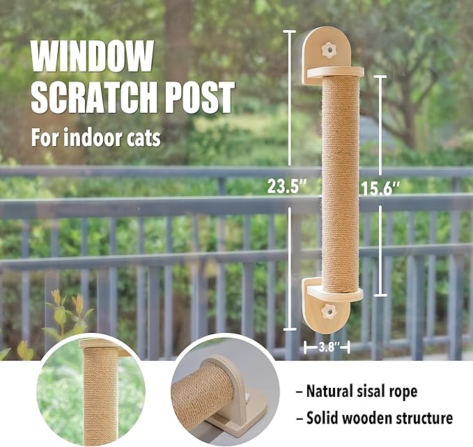 Meeyoview Cat Window Perch, Foldable Cat Window Hammock with Wooden Scratching Post and Stainless Steel Cat Bowls, Window Mounted Bed for Cats Inside (1 Cat Scratching Post)