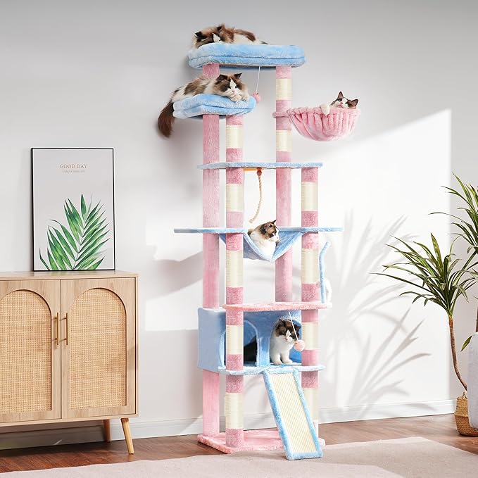 Heybly Tall Cat Tree,78 inch Multi-Level Cat Tower for Indoor Cats,2 Widened Plush Perches Cat Condo with Scratching Board and Big Caves,Blue and Pink HCT033BP