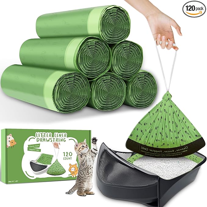 120 Counts Self Cleaning Litter Box Bags with Drawstring, Compatible with Litter-Robot 3 and 4, 24" x 29" Heavy Duty Cat Litter Box Liners Waste Bags Replacement