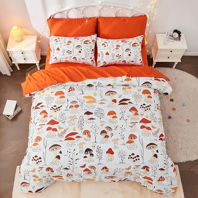 7 Piece Mushroom Comforter Set Full Size,Plant Wild Mushroom Comforter with Sheet Set Bed in A Bag for Kids Boys Girls,Full(1 Comforter, 1 Flat Sheet, 1 Fitted Sheet, 4 Pillowcases)