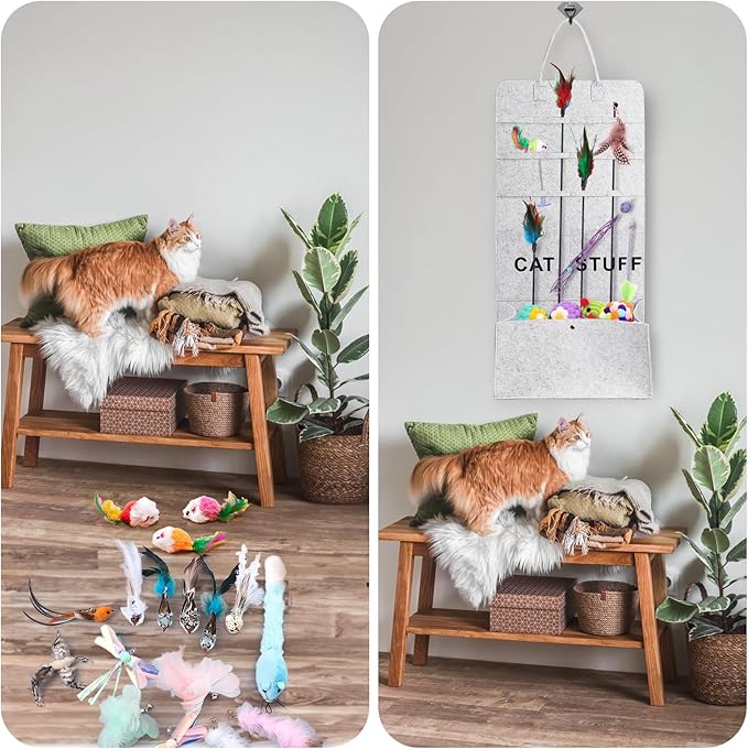 2 Pack Cat Toy Storage, Hanging Cat Teaser Wand Holder for Neatly Organization, Durable Feather Pet Toy Organizer Bag with Handle for Indoor Cat, Pet Supplies, Feline Safety