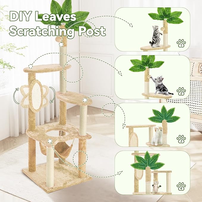 61" Large Cat Tree Tower for Indoor Cats with DIY Green Leaves Scratching Post Multi Soft Hang Ball Plush Cat House Furniture 360° Rotating Cat Scratch Board with Hammock, Beige