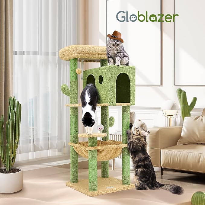 F49C Cactus Cat Tower for Indoor Cats, Cactus Series 49inch Cat Climbing Tower Cat Tree with Hammock, Scratching Post, Large Cat Condo House, Cactus Green