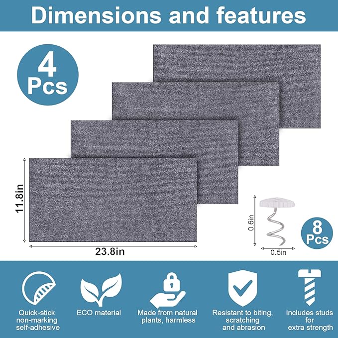 Mity rain 4PCS Cat Scratch Furniture Protector Mats 23.6“X11.8”Trimmable Self-Adhesive Cat Scratch Pads with 8PCS Furniture Nails Cat Couch Protector Mat for Pet Furniture DIY Dark Gray
