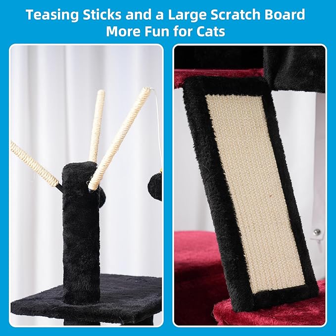 Hey-brother Gothic Cat Tree, 53 inch Cat Tower for Indoor Cats, Cat House with Padded Platform Bed, Toy Balls, Large Cozy Condo, Hammocks and Sisal Scratching Posts, Black and Red MPJ019SBR