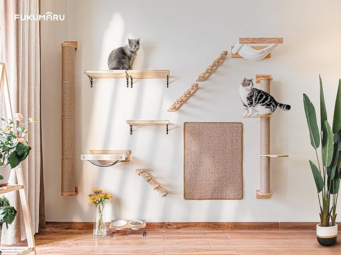 FUKUMARU Cat Scratching Post, 35 x 4.5 Inch Cat Wall Furniture, Rubber Wood Wall Mounted Cat Scratcher Posts for Large Cats, Thicker Columns for Multi-Functions