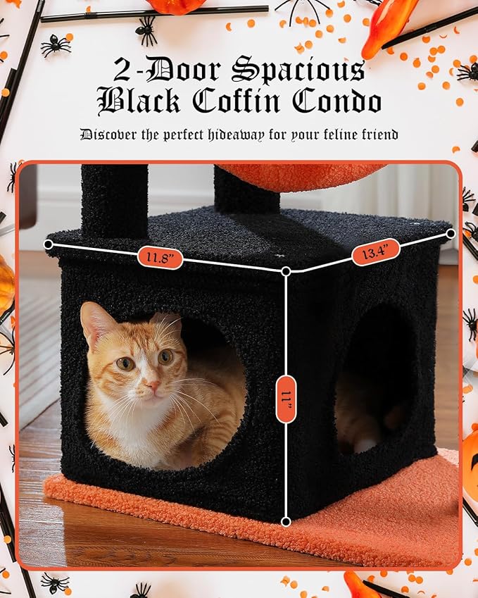 Gothic Cat Tree with Coffin Condo, 47.6" Spooky Cat Tower, 2 Metal Frame Hammocks, Cat Scratching Post with 2 Removable Pompom Sticks for Small Indoor Cats, Black Halloween