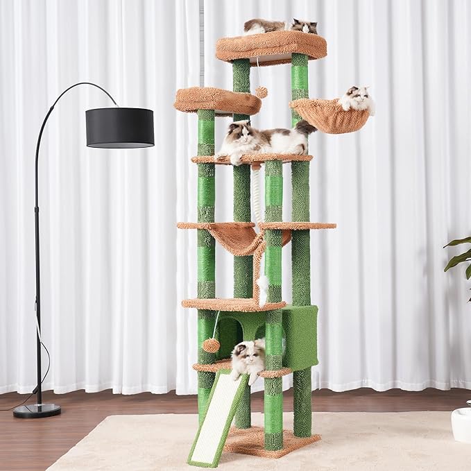 Heybly Tall Cat Tree,78 inch Multi-Level Cat Tower for Indoor Cats,2 Widened Plush Perches Cat Condo with Scratching Board and Big Caves HCT033CA