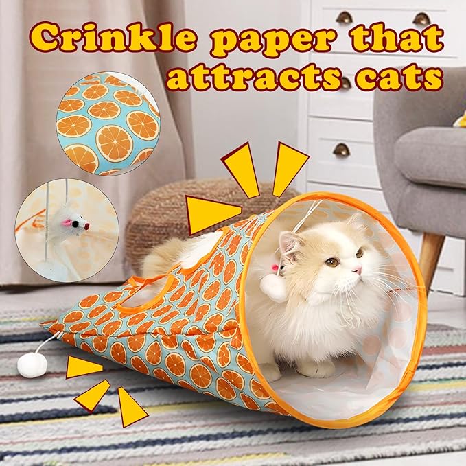 Andiker Cat Tunnel Bags for Indoor Cats, 13x17x12In Foldable Cat Crinkle Bag with 3 White Plush Balls and 1 Mouse 5 Holes for Kitten to Hide and Catch 3 Layers Cat Toy (Orange)