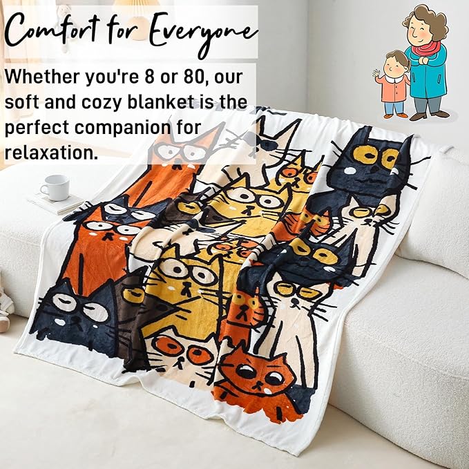 2025 Best Gift Cat Original Designer Throw Blanket, Warm Soft Cute Cat Lover Gifts for Women, Cat Mom Gifts for Cat Lovers, Funny Cat Themed Gifts Blanket for Kids, Birthday Christmas, White