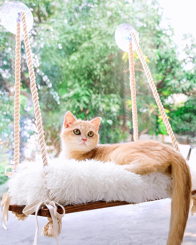 Cat Window Perch - Cat Hammock for Window - Solid Wood Seat & Strong Suction Cups - Furry Cat Window Bed & Furniture for Cats Inside - Fluffy Hanging Window Shelf for Small Medium Indoor Cats