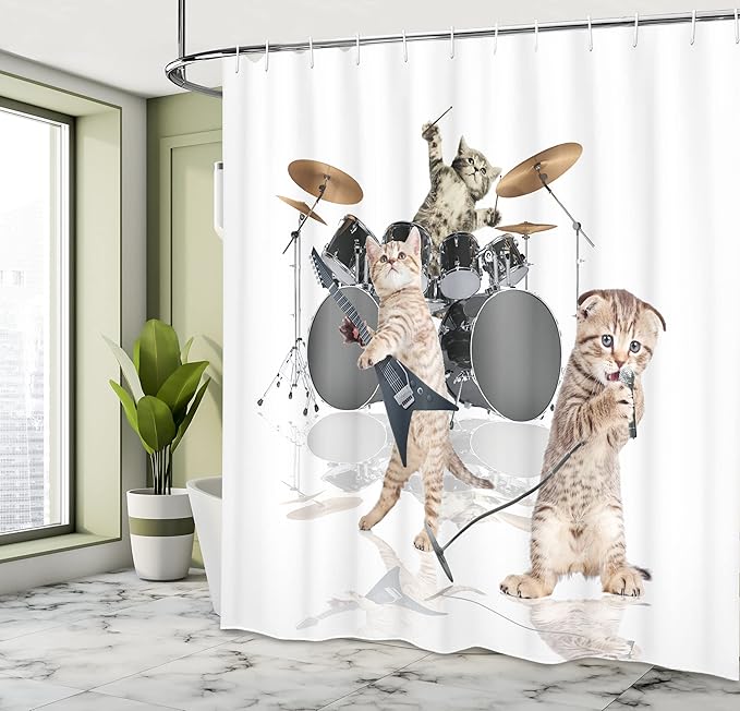 Ambesonne Animal Shower Curtain, Cool Hard Rocker Band of Kittens Singer Guitarist Cats Art Print, Cloth Fabric Bathroom Decor Set with Hooks, 69" W x 70" L, White Charcoal Grey Multicolor