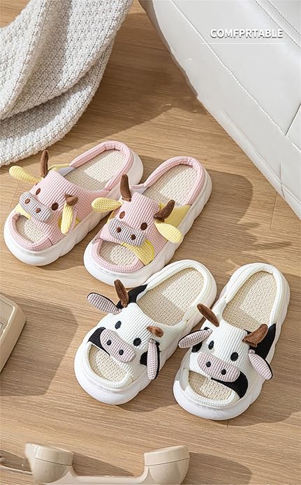 AZCHEN Women's Animal Cartoon Pig Slippers - Cute and Comfortable Linen Plush Slippers for Home
