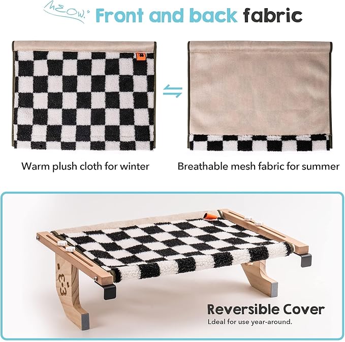 MEWOOFUN Sturdy Cat Window Perch Hammock Bed with Wood & Metal Frame for Cats Easy to Assemble for Windowsill, Bedside, Drawer and Cabinet More (Chessboard, M-22"x 14.5"x 6.7")