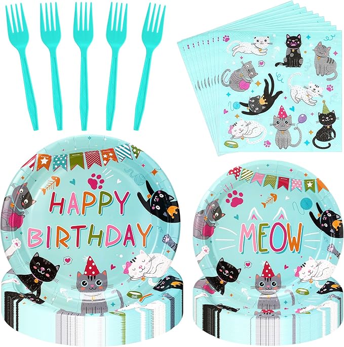 122 Pcs Cat Birthday Party Supplies Disposable Cat Themed Tableware Include 24 Dinner Plates 24 Dessert Plates 50 Paper Napkins 24 Forks Kitten Birthday Party Decoration for 24 Guests (Green)