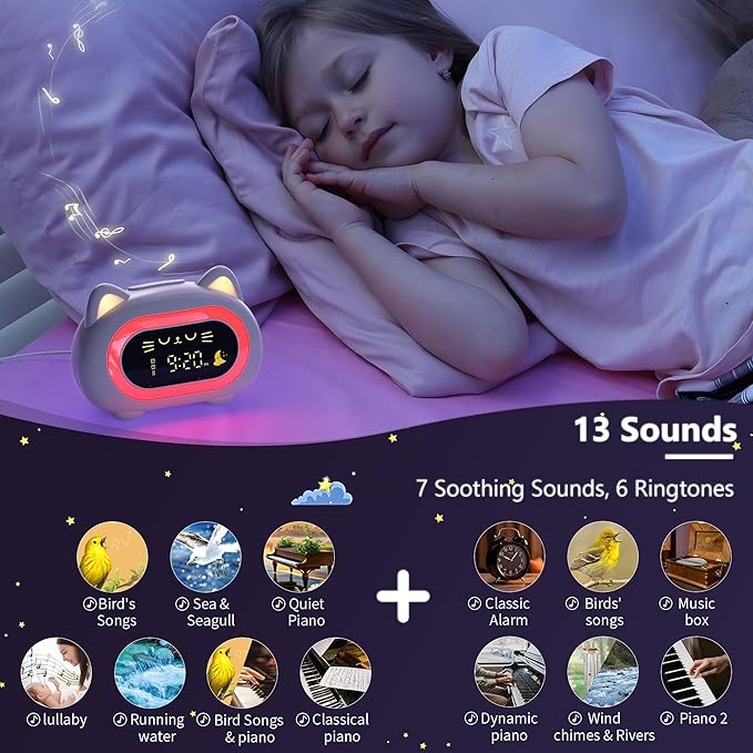 Alarm Clock for Kids, Ok to Wake Clock for Kids with Eye Protection Sleep Training Auto Off Feature 10 Night Light Dual Alarm, Kids Alarm Clock for Girls and Boys, Cute Cat