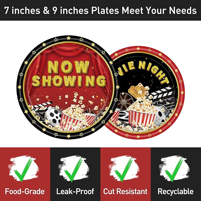 96 Pcs Movie Theme Party Plates Napkins Forks Decorations Tableware Set Supplies Disposable Paper Movie Night Popcorn Projection Tape Favors, Serves 24 Guests