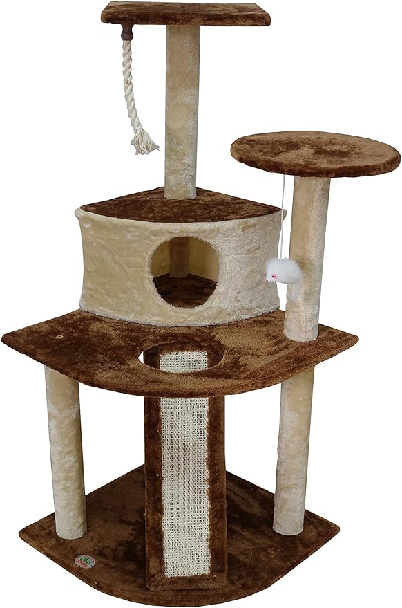Go Pet Club Everyday Value 47in Corner Cat Tree Kitty Condo Kitten Scratcher Tower House Furniture with Hanging Toys for Indoor Cats, Beige/Brown