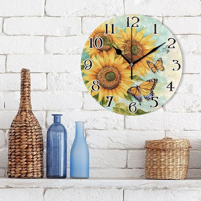 ALAZA Sunflowers Butterflies Flowers Butterfly Wall Clock Battery Operated Kitchen Clock 9.5 Inch Bathroom Clock Non Ticking Round Decorative Desk Clock Bedroom Living Room Decor