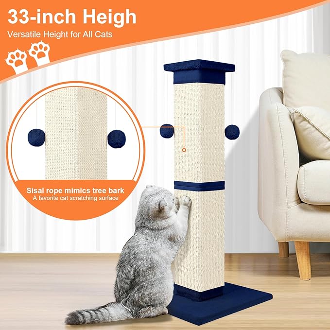 Cat Scratching Post 33 Inch Nature Sisal Cat Scratch Post for Indoor Cats, Large Cat Scratcher Protect Your Furniture, for All Breeds Blue