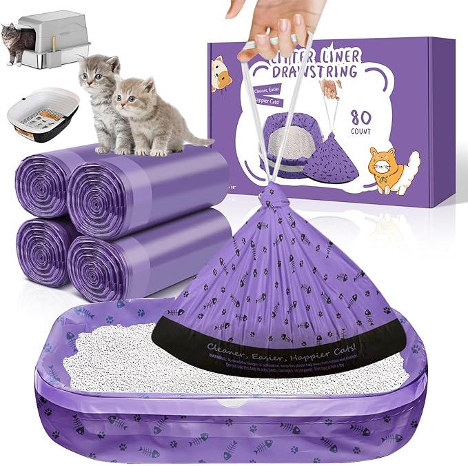 80 Count Jumbo Cat Litter Box Bags, 36" x 18" Drawstring Liners, Heavy Duty and Extra Large, Easy Clean Up, Kitty Waste Bag For Pet Supplies