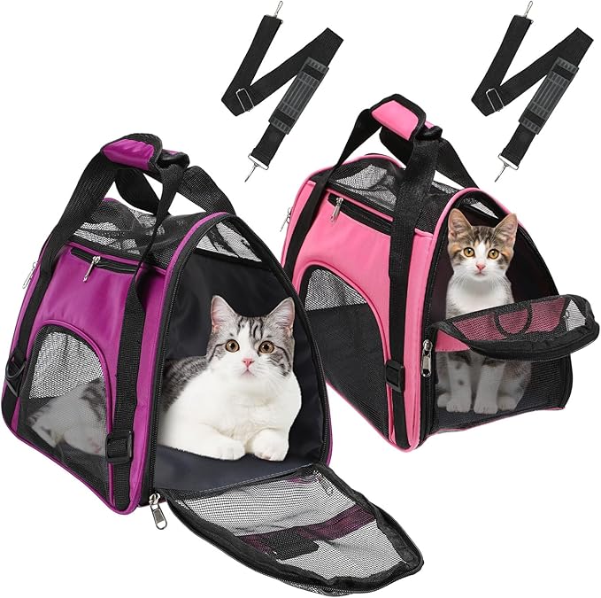 2 Pcs Pet Carrier, Soft Sided Pet Travel Carrier for Cats, Airline Approved Kitty Portable Dog Bags for Traveling Little Dogs, Rabbits, Puppy, Cat(S,Pink, Purple)