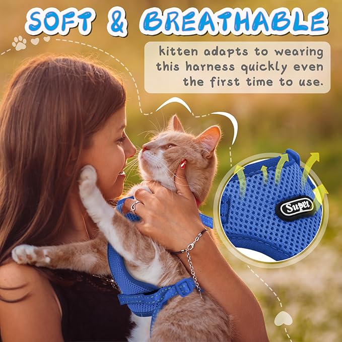 Supet Cat Harness and Leash Set for Small to Large Cats Adjustable Cat Vest Harness with Reflective Trim Universal Cat Leash and Harness for Cats/Puppies (Blue, Small (Chest: 13.7" - 15.7"))