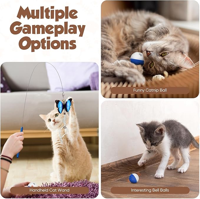 Automatic Cat Toys,7in1 Detachable Interactive Cat Toy, USB Rechargeable Cat Toys for Indoor Cats with Feather Butterfly Ribbon Cat Wand Catnip Ball for Cats Enrichment (Blue)