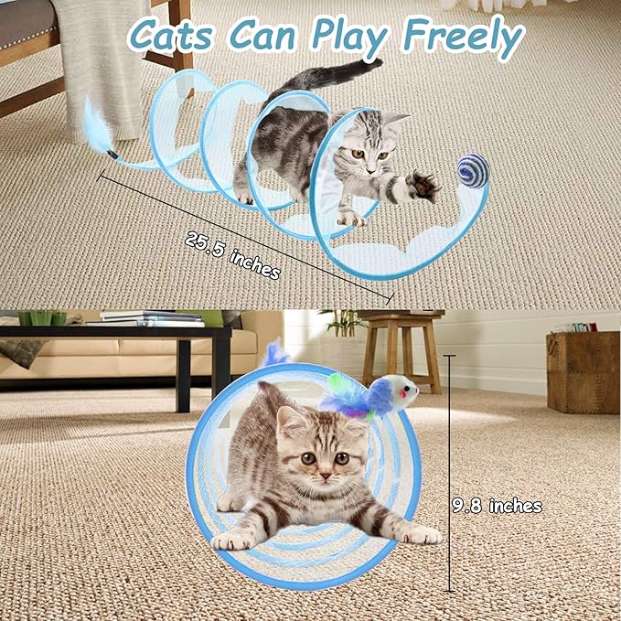 2 Packs Folded Cats Tunnel, Kitten Tunnel for Indoor Cats Collapsible Large Tubes Played Tunnel Spring Cute Foldable Pet Tunnel Bed Interactive Toy with Toys Feather Mouse Hemp Ball Blue