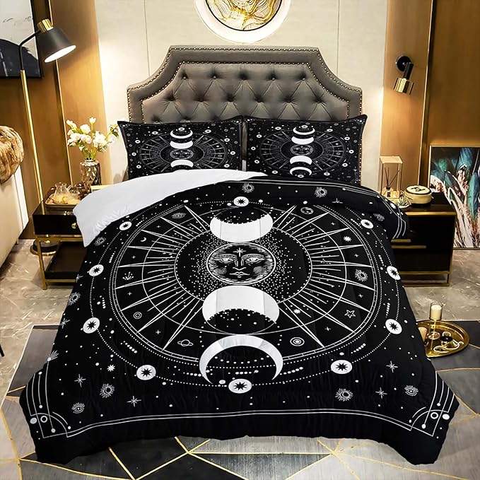 AILONEN Sun and Moon Comforter Set for Teens Boys Kids Girls, Galaxy Astrology Bedding Set Full Size,Bohemian Sun Moon Quilted Duvet,Galaxy Quilt,1 Comforter 2 Pillowcases 3 Piece