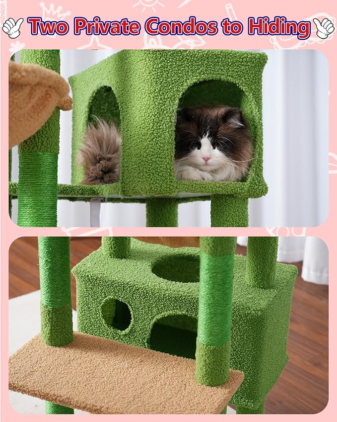 Cat Tree for Indoor Cats Large Adult, 60.2 Cat Tower with Large Platforms, Cat condo, Cat Tree Tower with 8 Cat Scratching Posts, Cat Hammock, Green and Brown GCT030-MGY
