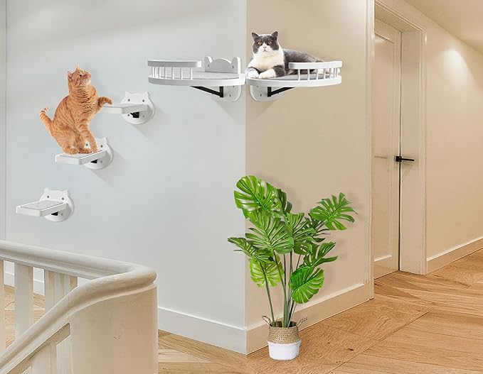 Cat Wall Shelves, Cat Shelves and Perches for Wall, Wood Cat Shelves Wall Mount, Cat Wall Furniture with 3 Cat Wall Steps Cat Scratch Post, Indoor Cat Climbing Shelf for Living Room, Bedroom (White)