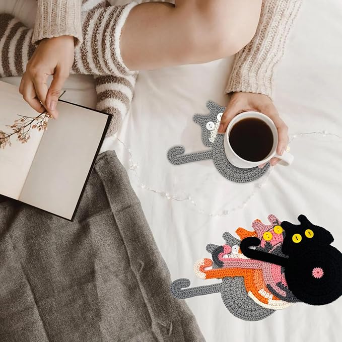 8 Pcs Coasters for Drinks, Boho Style Coaster, Cotton Woven Creative Cute Cat Coaster, Funny Coasters for Bar, Table Protection Suitable, Housewarming Gifts New Home