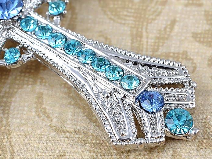 Alilang Silvery Tone Religious Cross Pendant Necklace w/Aquamarine Blue Or Clear Crystal Rhinestones