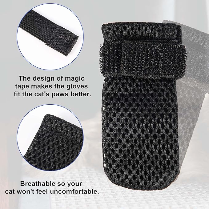 4pcs Anti Scratch Cat Mittens, Adjustable Mesh Cat Foot Covers, Breathable Cats Paw Covers Cat Nail Gloves Cat Paw Protector Cat Booties for Pet Bathing, Cutting Nails, Checking (XL, Black)