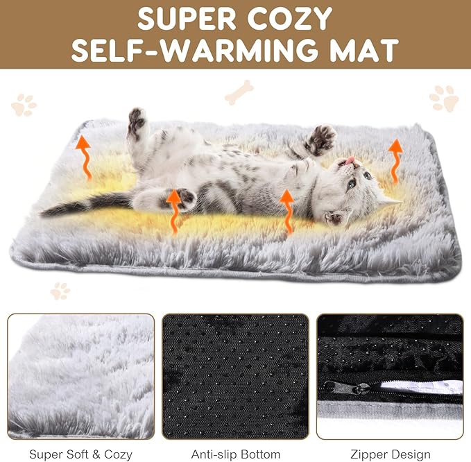 4 Pack Self Warming Cat Bed Pad Self Heating Cat Dog Mat with Fluffy Faux Fur Plush Cat Calming Bed Thermal Cat Mat Washable Pet Pad Anti Slip Bottom for Outdoor Indoor Pets(Gray,16" X 20")
