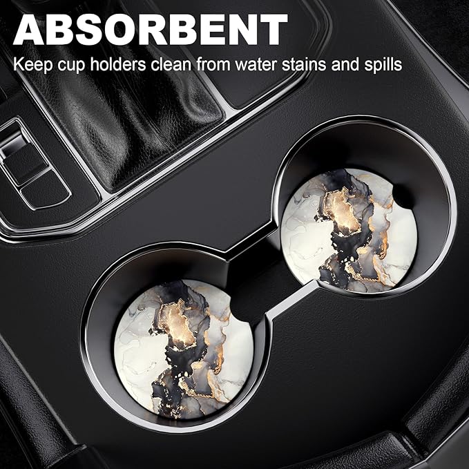 2 Pack Car Cup Holder Coaster, 2.63 inch Anti Slip Insert Absorbent Ceramic Car Coaster with Cork Base and Finger Notch, Cute Car Accessories Interior for Women, Cute Car Coasters., CH0025