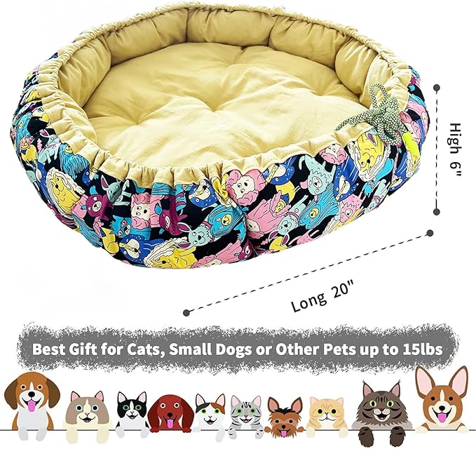 Dog Beds for Small Dogs - Round Cat Beds for Indoor Cats, Washable Pet Bed for Puppy and Kitten with Lovely Cartoon Pattern, 20 Inches,Citrine