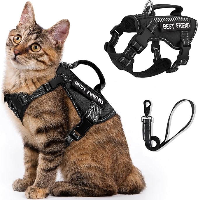 Tactical Cat Harness Leash, Air Mesh Cat Walking Vest Harness Escape Proof, Reflective Large Cat Harnesses with Handle for Adult Fat Cats (ABlack, XL)