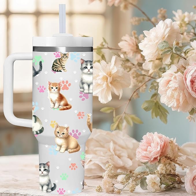 40 OZ Kitty Tumbler with Handle.Cat Lover Gifts.Unique Birthday Christmas Gifts for Cat Lover.Personalized 40 OZ Cat Tumbler Gifts for Women Men.