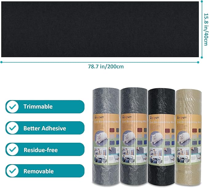 Cat Scratch Furniture Protector，78.7"x15.8"Cat Scratching Mat,Trimmable Self-Adhesive Cat Couch Protector,cat Wall Scratcher,Pad Replacement for Cat Tree Shelves and Post (Black)