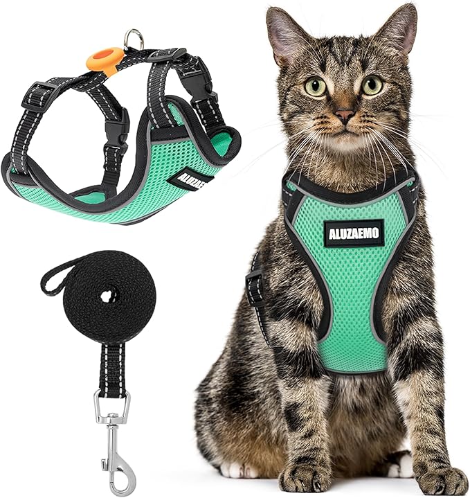 Cat Harness and Leash Set with Airtag Holder - Escape Proof Cat Vest Harness for Walking Travel Outdoor - Reflective Adjustable Soft Mesh Breathable Cat Body Harness
