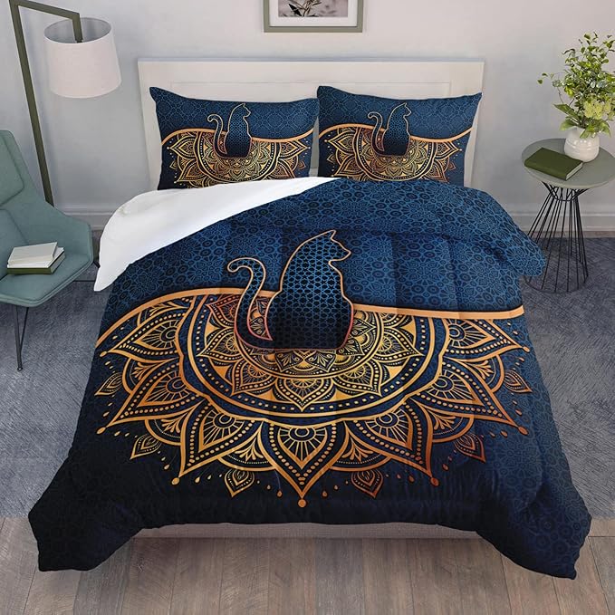 AILONEN Bohemian Cat Comforter Set Queen Size, Blue Black Texture Cat Bedding Set,Boho Duvet Set for Kids Boys Girls Adults Room Decor 3Pcs (1 Comforter + 2 Pillowcases)