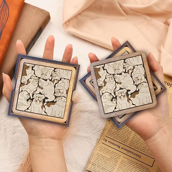 02 English Bulldog Dog Coaster - English Bulldog Dog Puzzle Wooden Coaster Set - Interlocking Jigsaw Drink Mats with Laser-Cut Design for English Bulldog Lovers